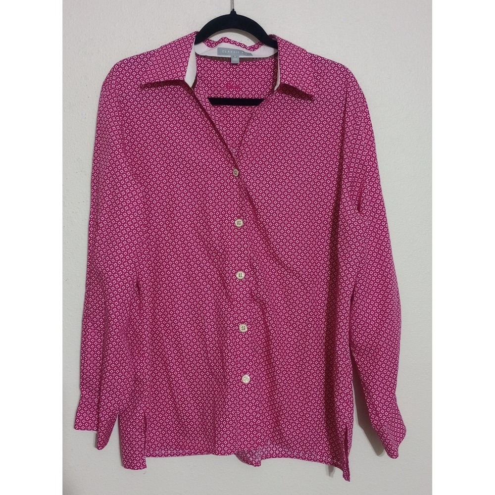 Classic Fit Pink White Geometric Floral Cotton Button Down Shirt Blouse 16W
